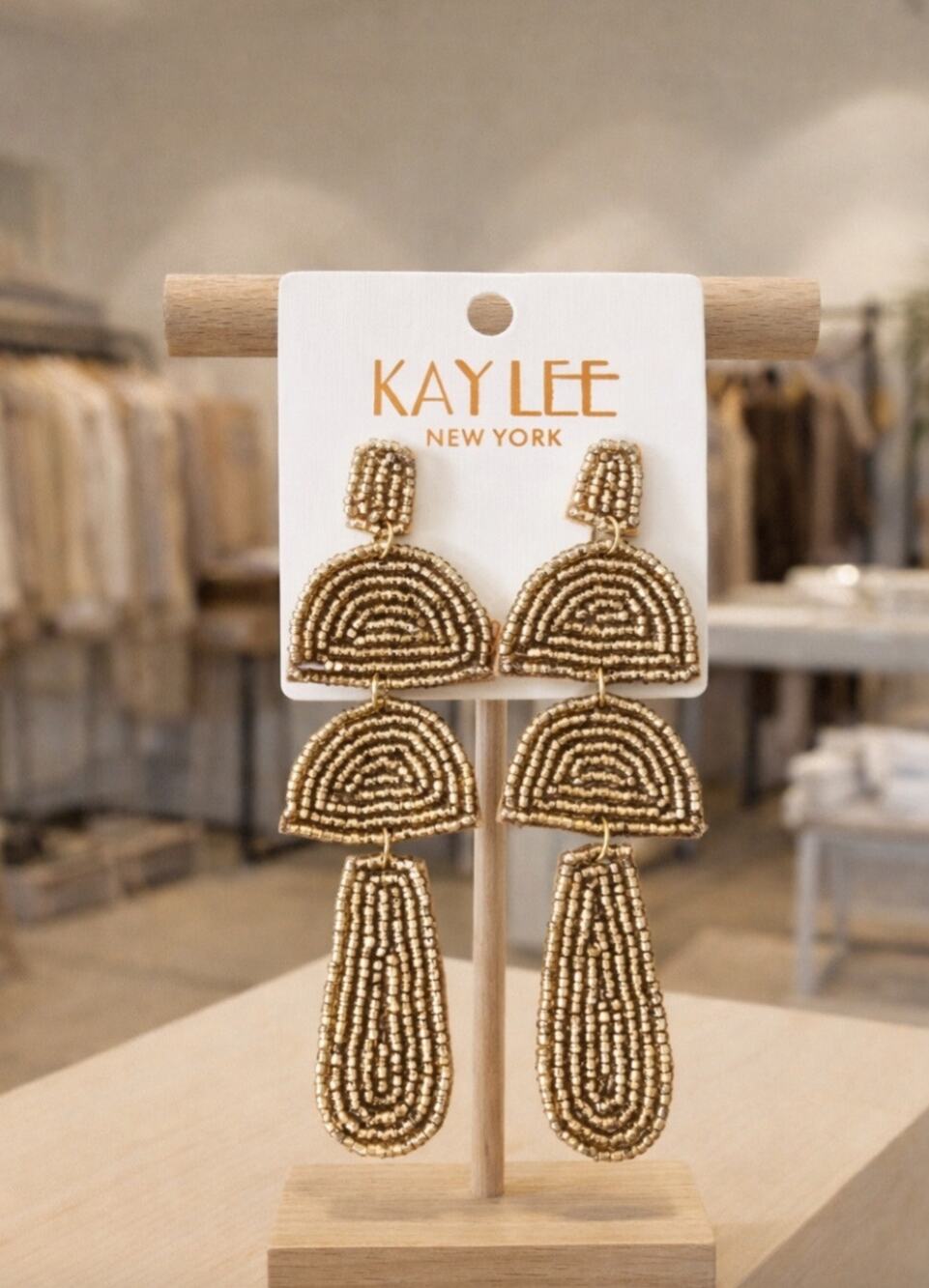Kay Lee Gold Geometric Beaded Earrings New